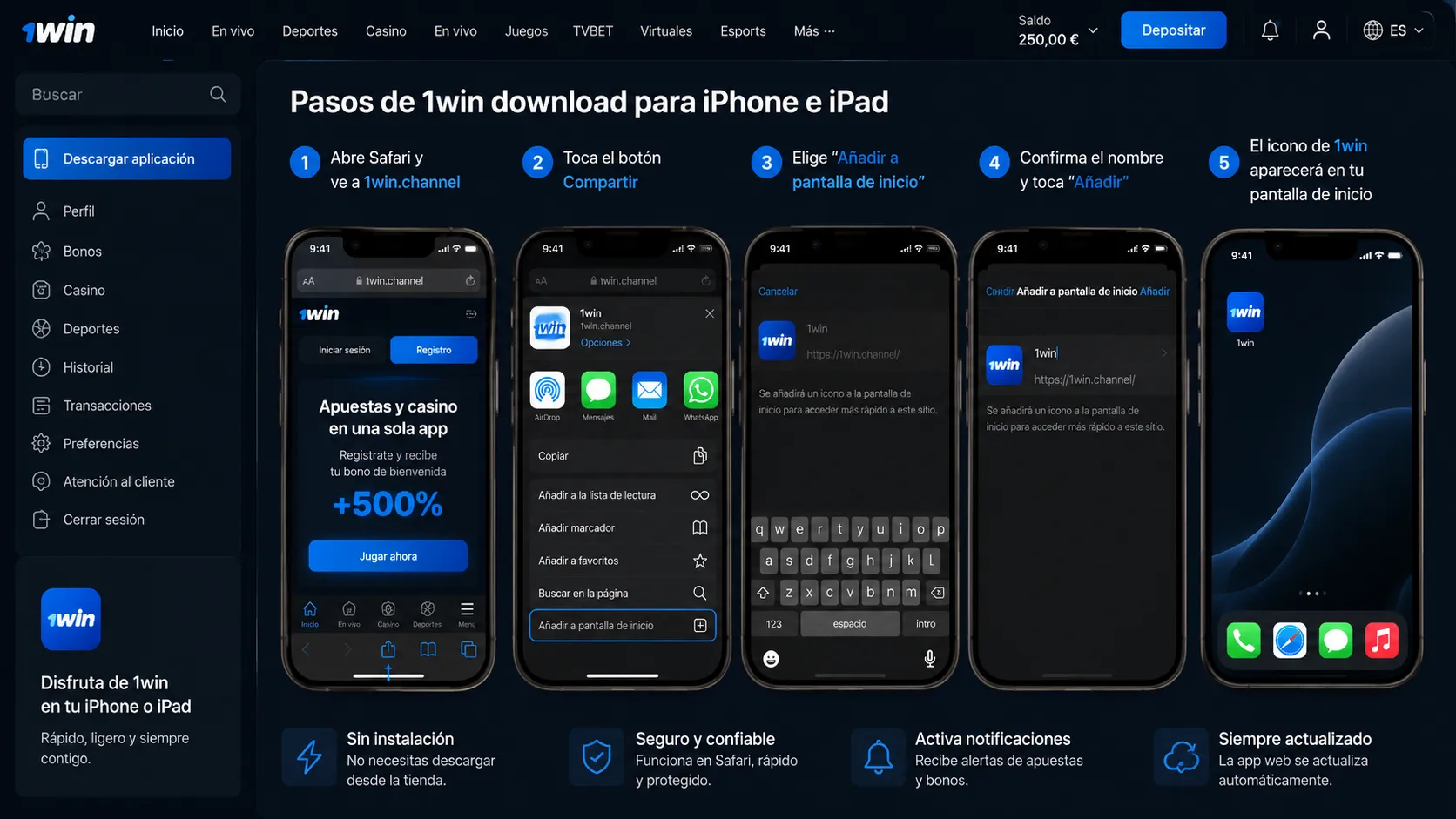 Pasos de 1win download para iPhone e iPad