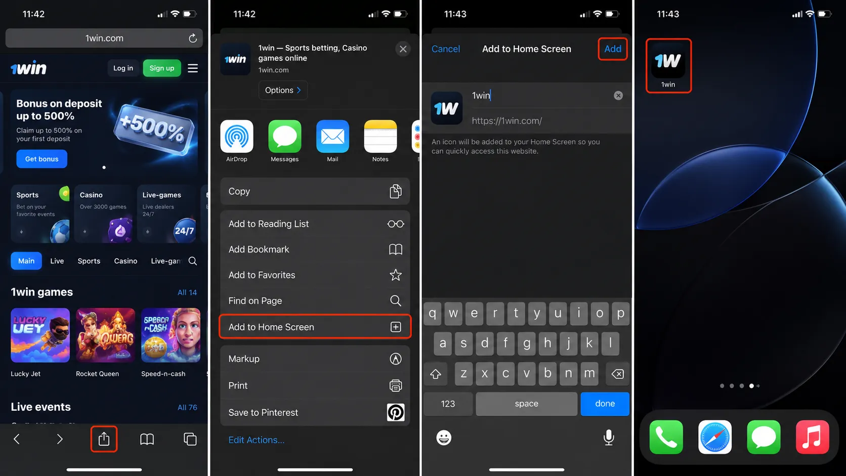 Adding the 1win APP shortcut to an iPhone home screen