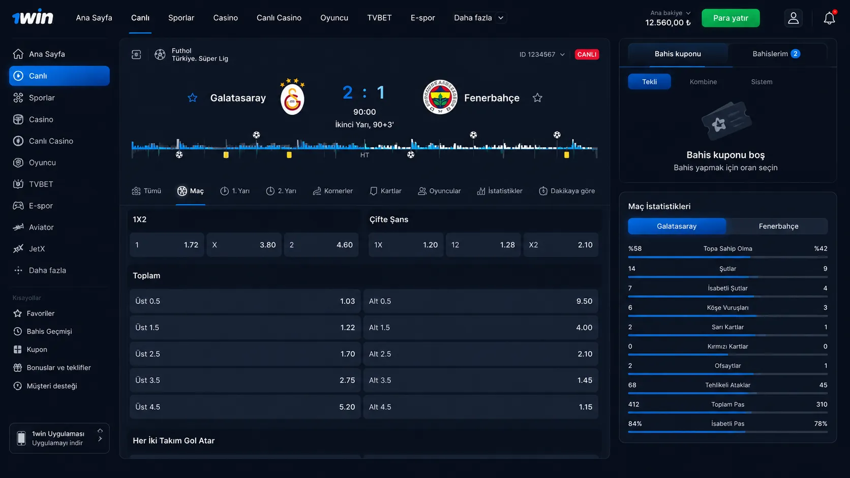1win bet APP canlı bahis ve maç istatistikleri ekranı