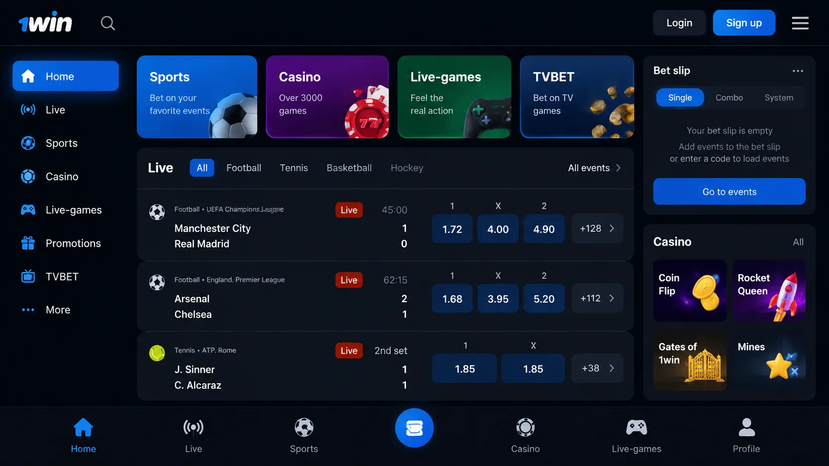 1win APP live betting and bet slip on mobile