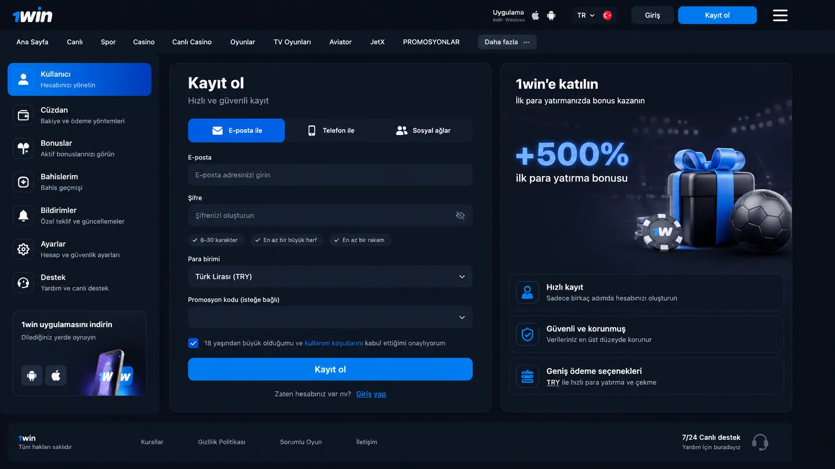 1win kayıt formu — telefon, e-posta ve şifre alanları