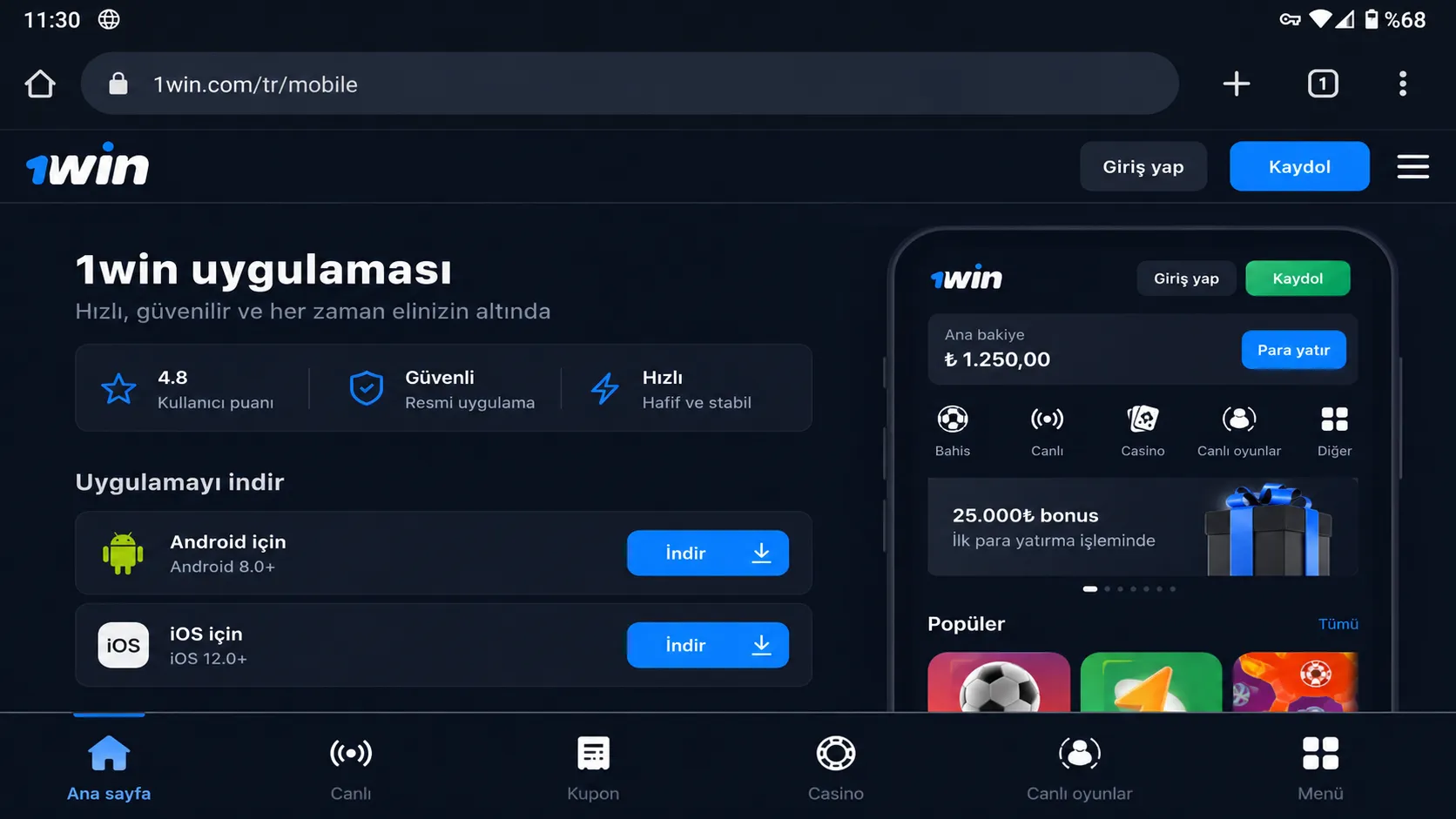 1win bet APP hoş geldin bonusu ve promosyon teklifleri