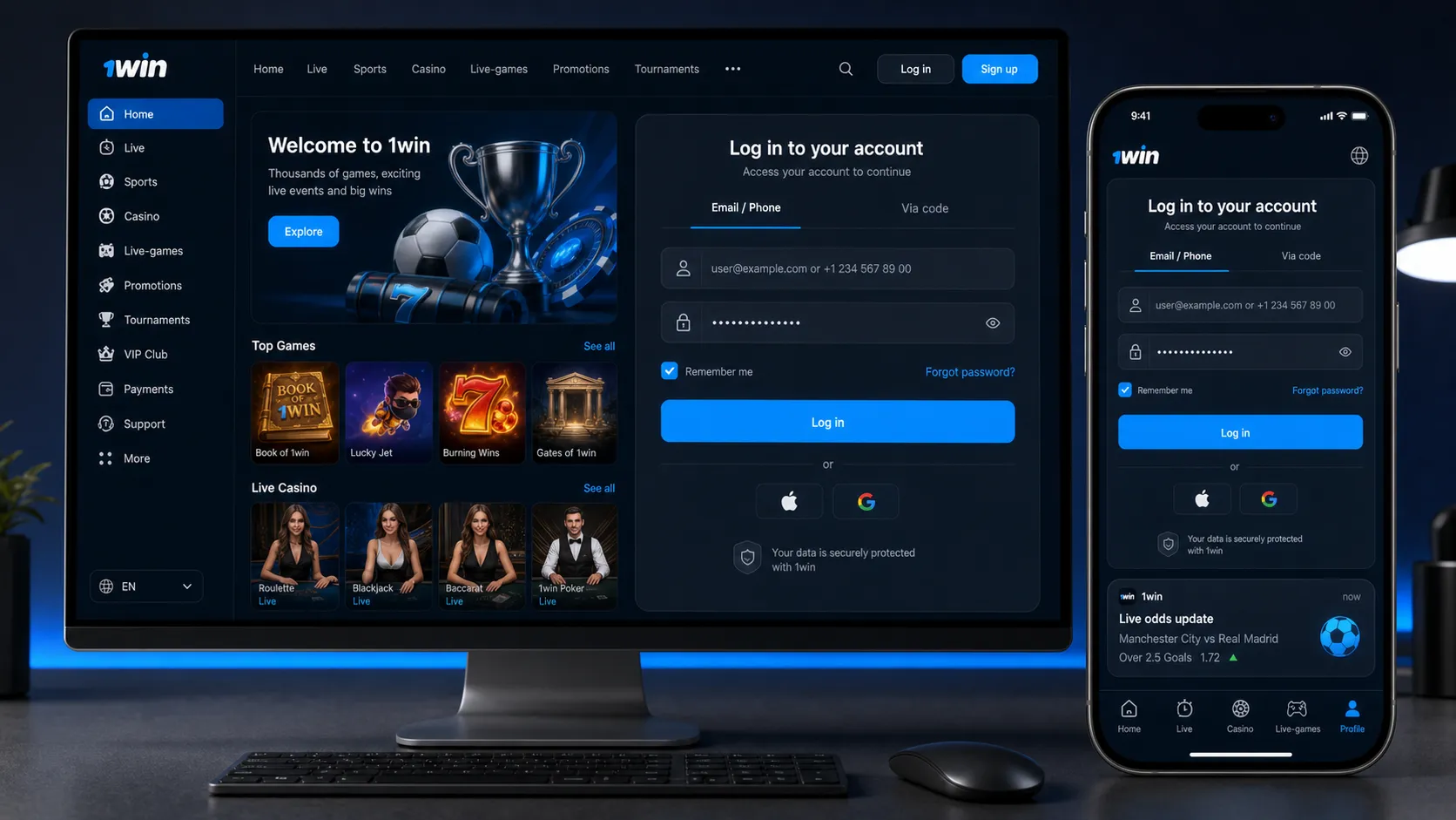 1win login on desktop and mobile
