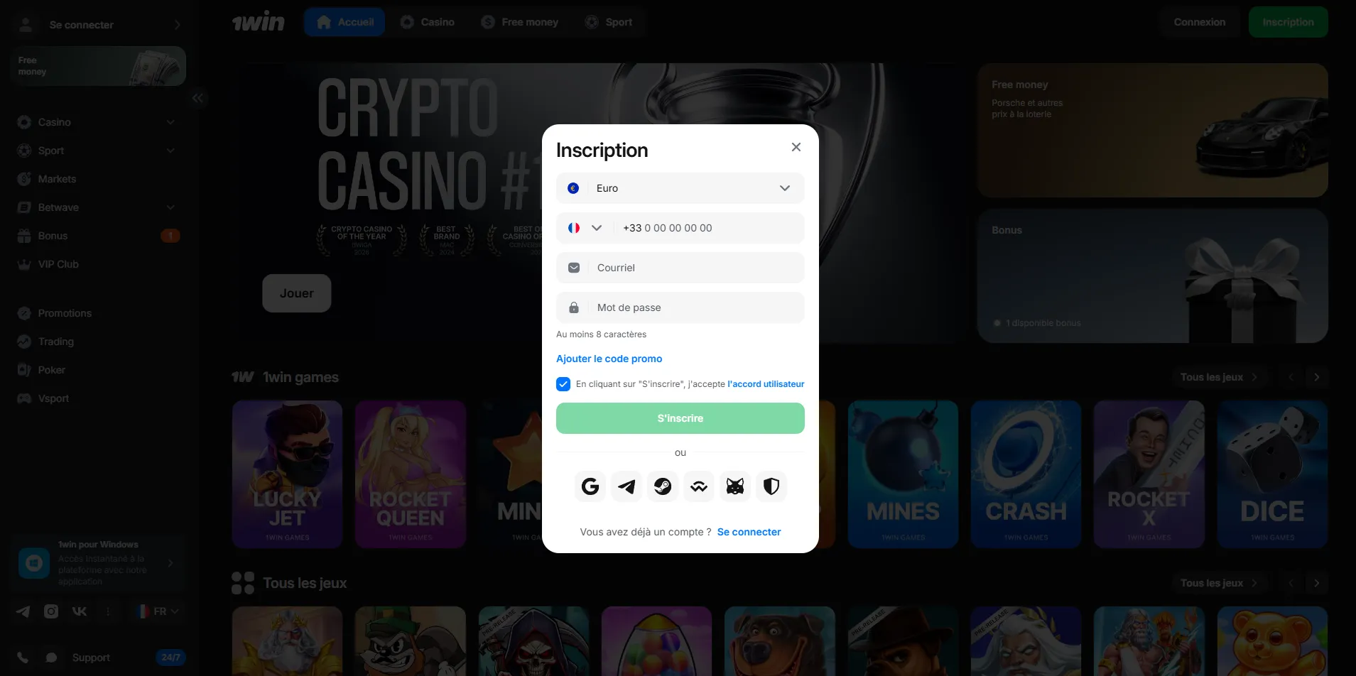 Informations requises pour l'inscription — 1Win login