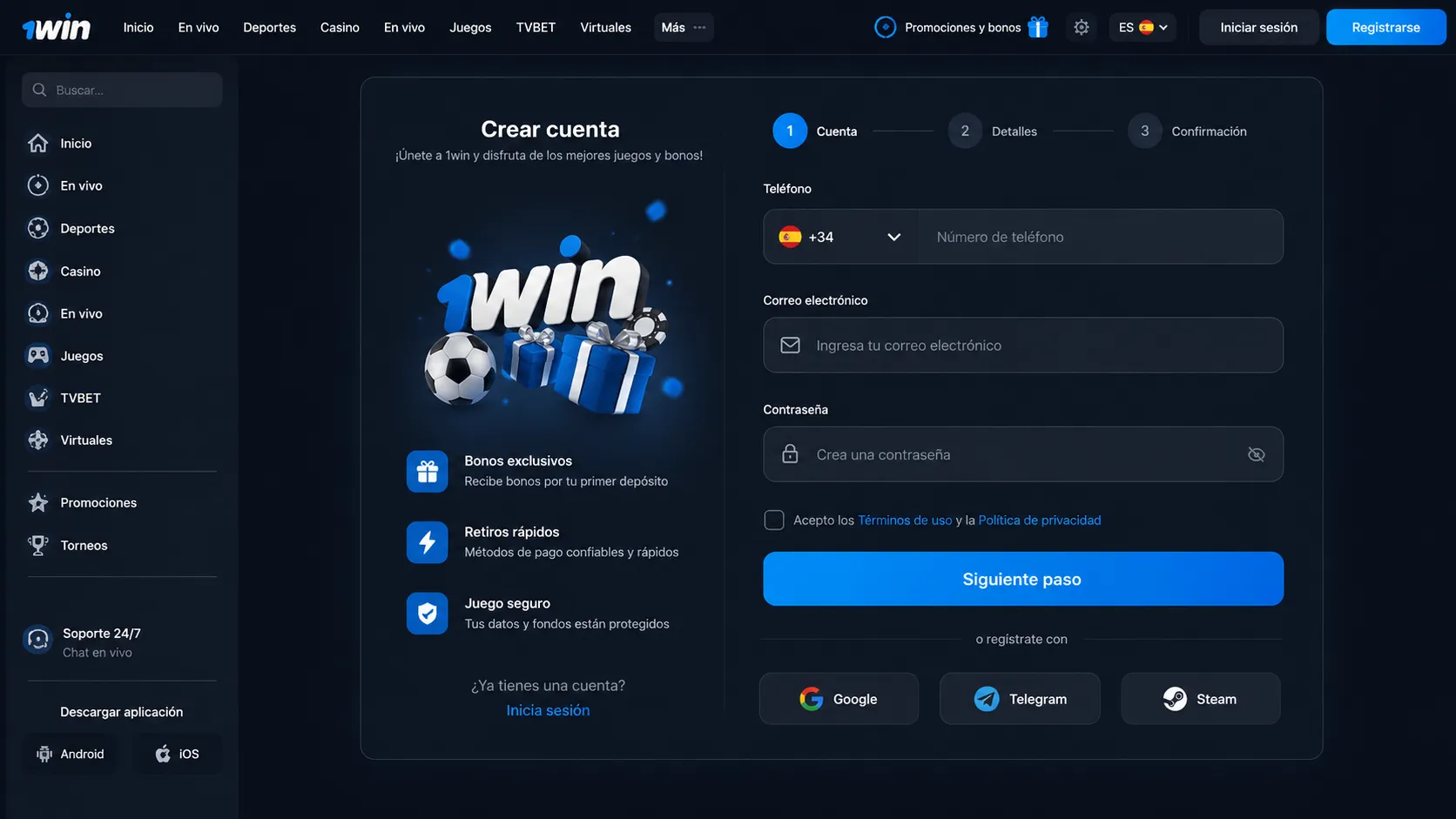 Proceso de registro paso a paso en 1win